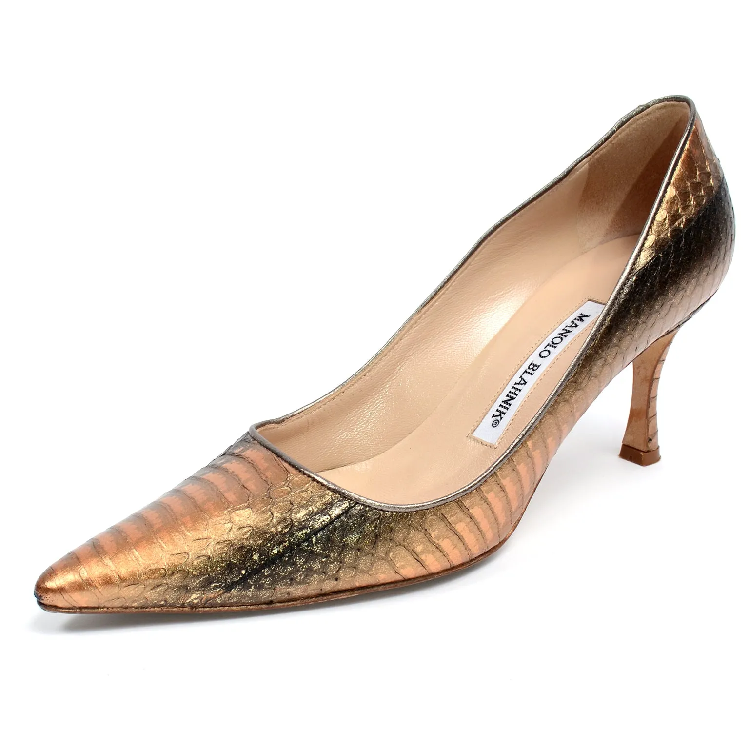 Manolo Blahnik Bronze & Copper Metallic Snakeskin Pumps