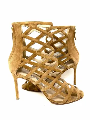 Manolo Blahnik Vagibu Cage Women's Camel Stiletto Suede Strappy Size 10 Sandals