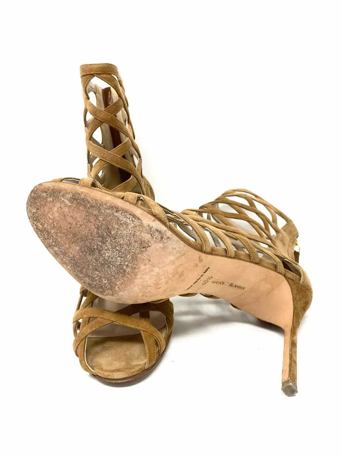 Manolo Blahnik Vagibu Cage Women's Camel Stiletto Suede Strappy Size 10 Sandals