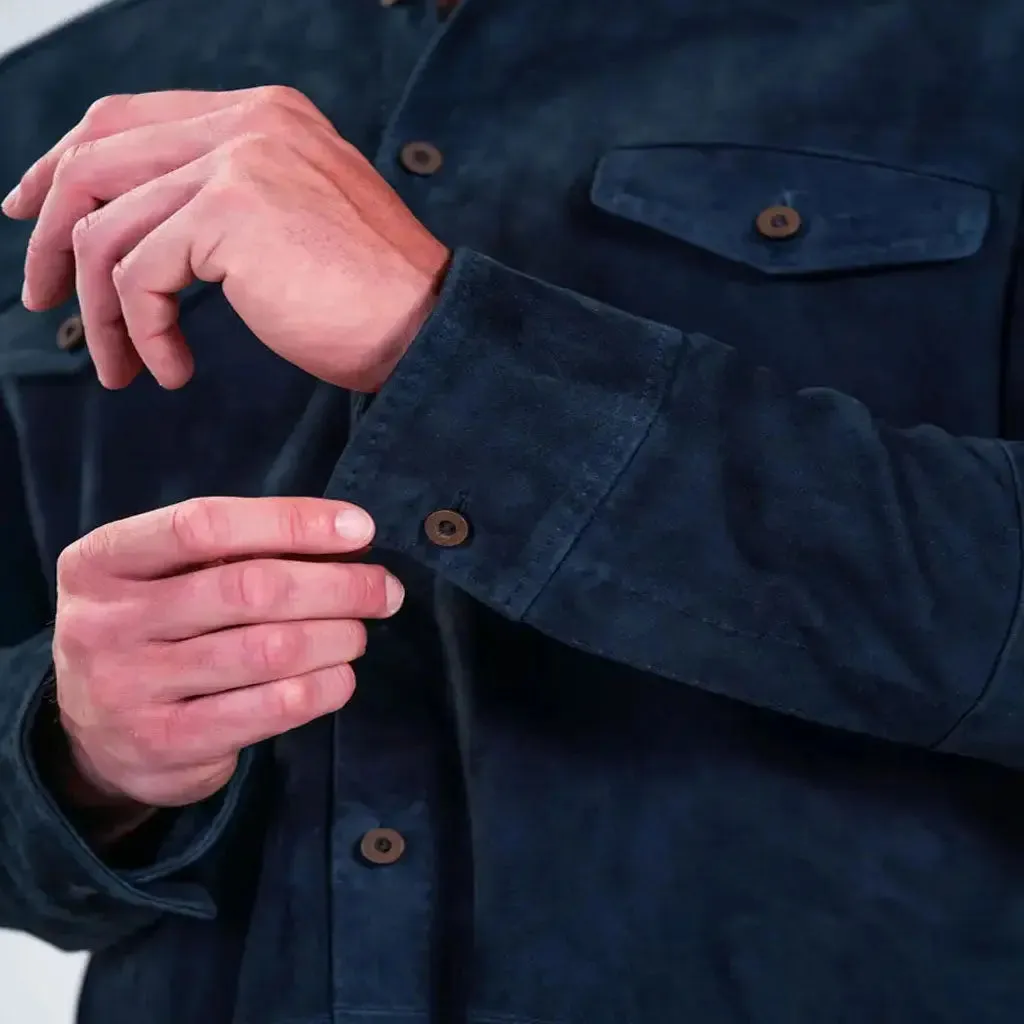 Navy Blue Suede Leather Button-Up Shirt Men's