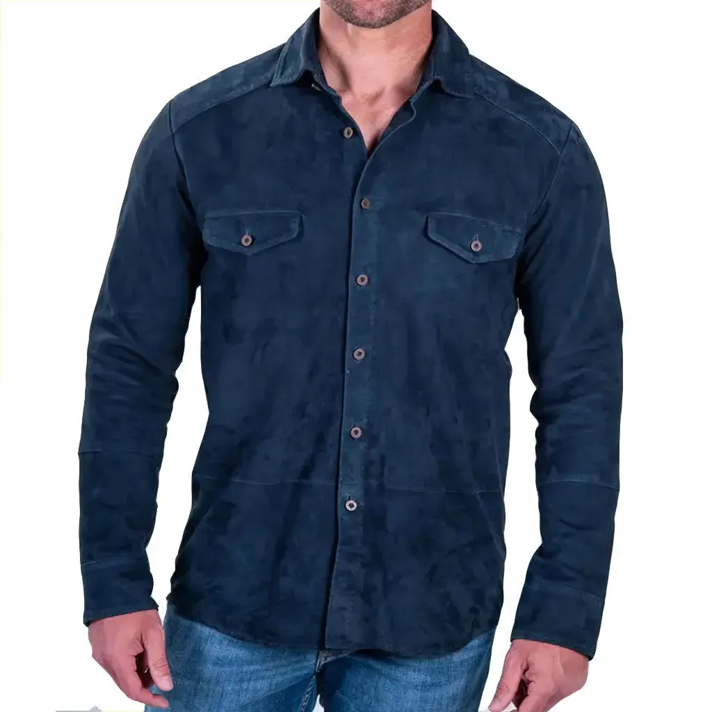 Navy Blue Suede Leather Button-Up Shirt Men's